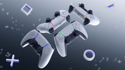 Image of 4 DualSense wireless PS5 controller together with the PlayStation logo